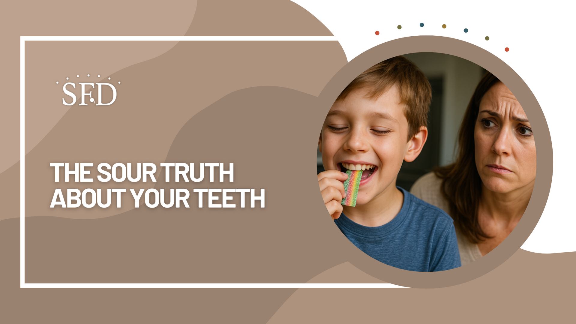 A boy eating sour candy, smiling while a woman looks concerned, with text: 