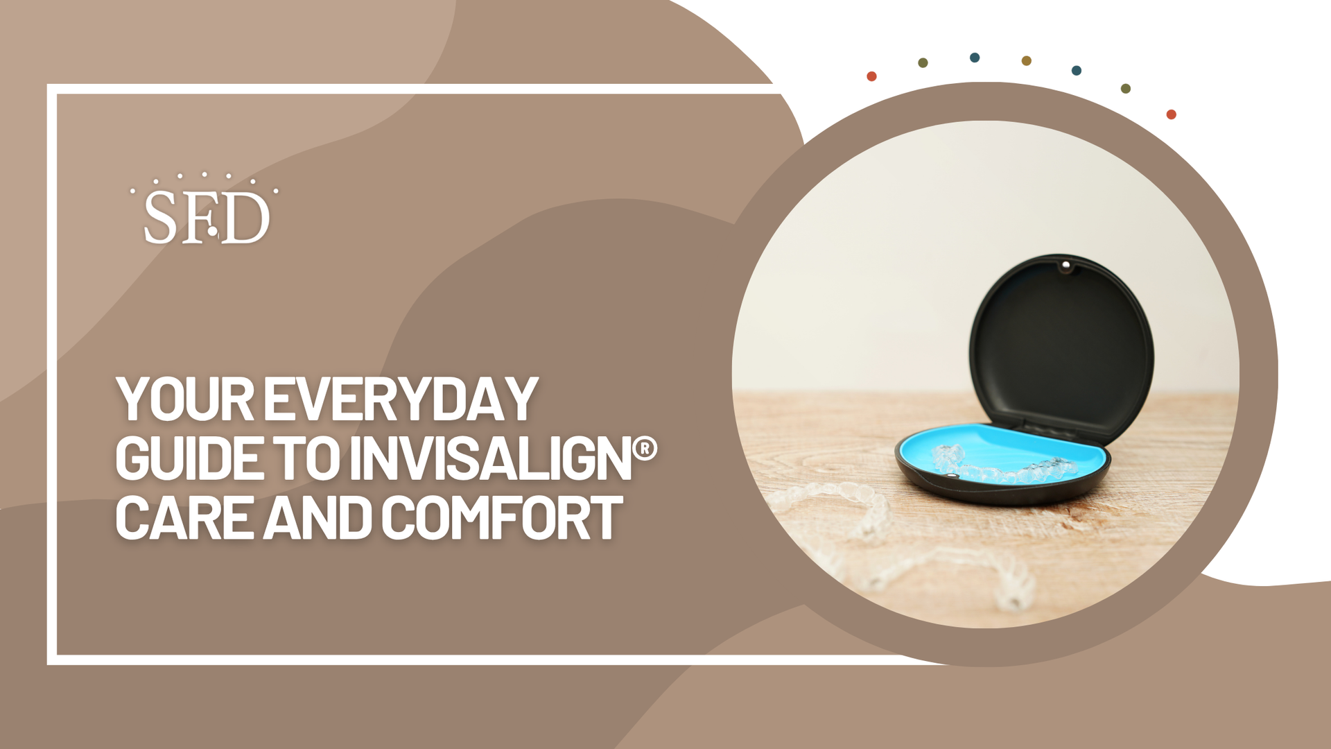 Open Invisalign case on a wooden surface; text: 