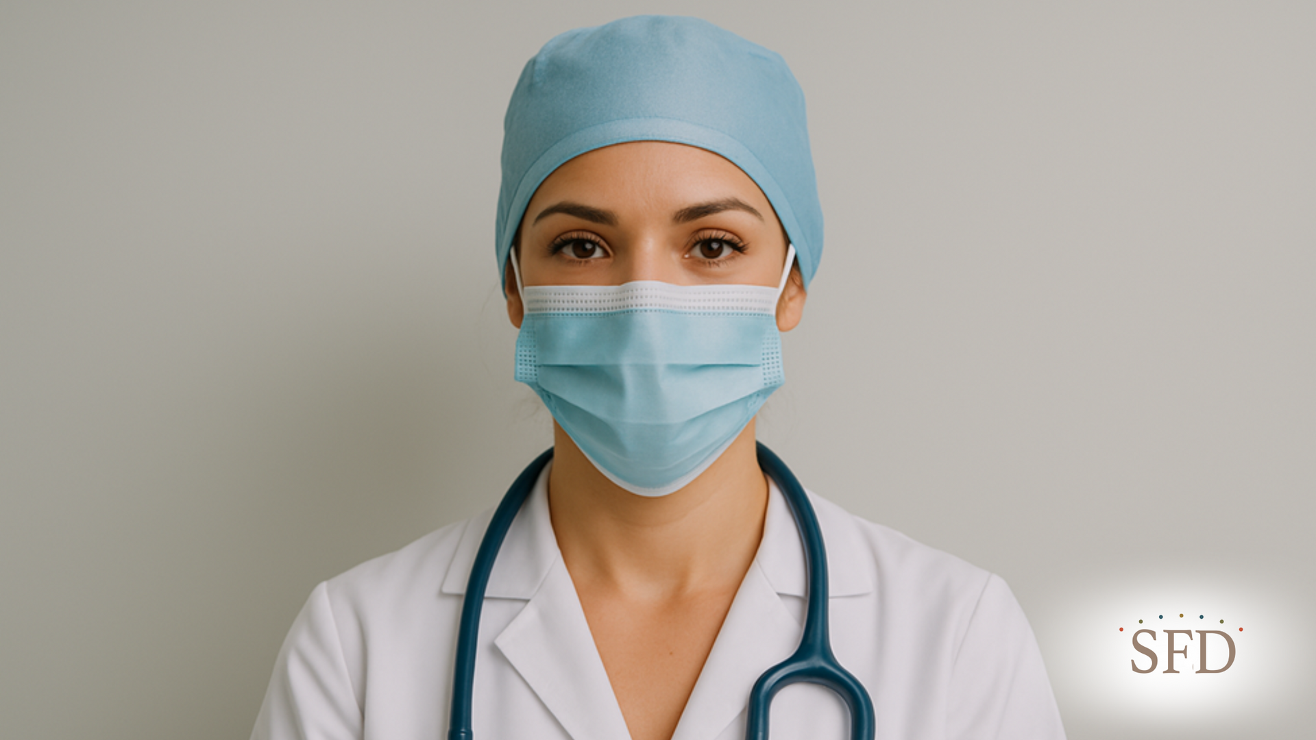 A female doctor wearing a mask and a stethoscope around her neck.