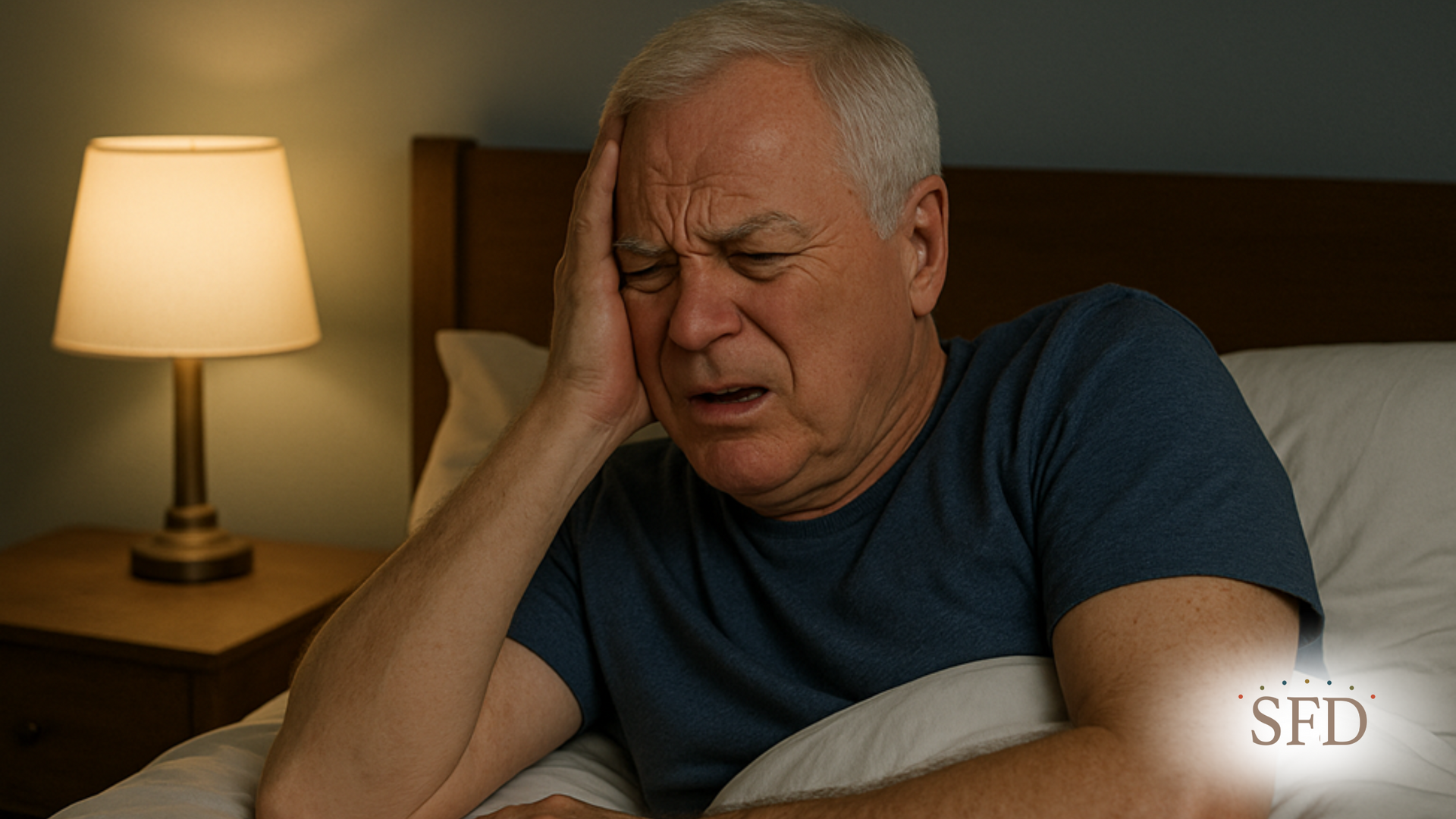 An older man is laying in bed with a headache.