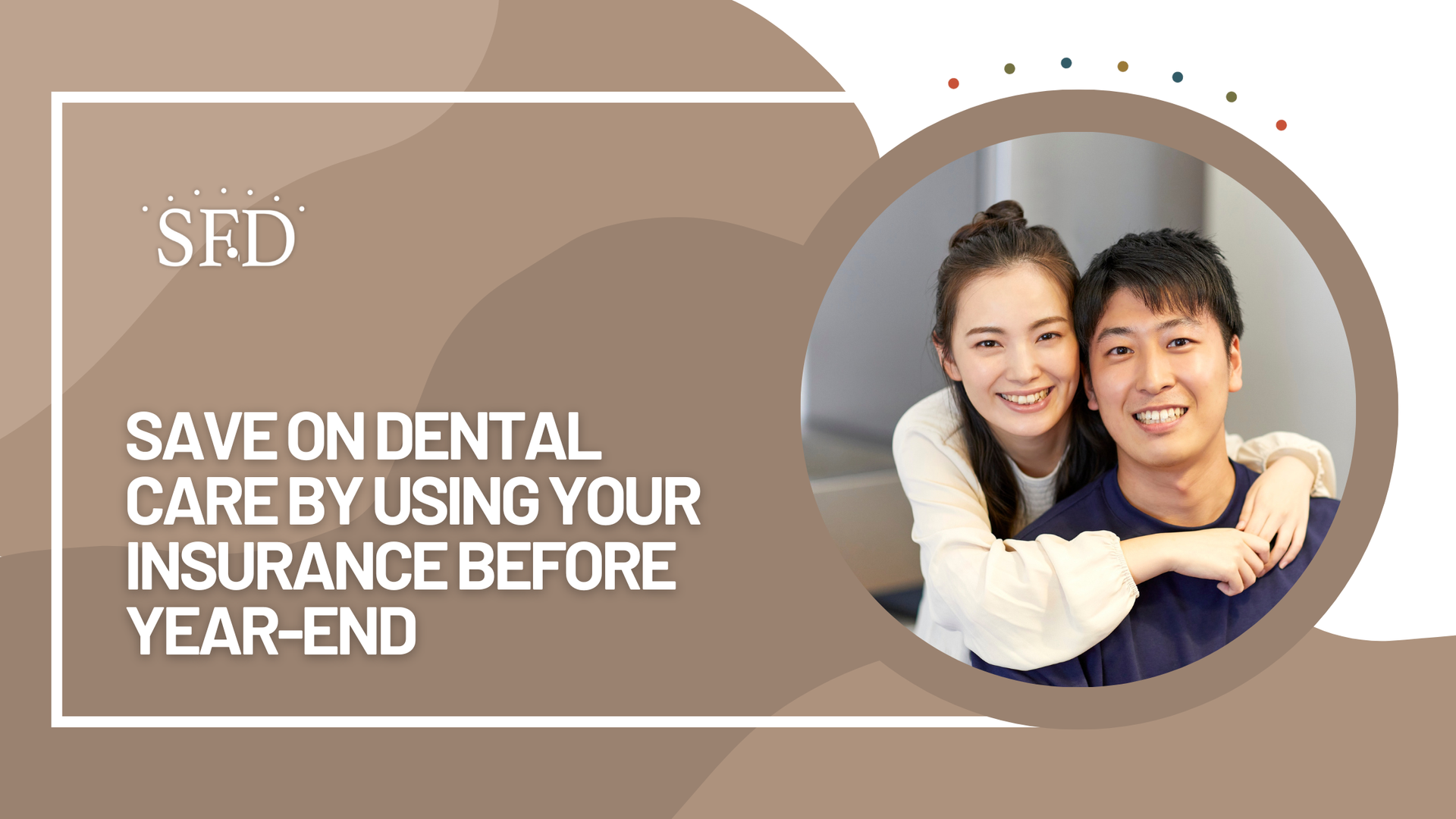 A couple smiles. Text: