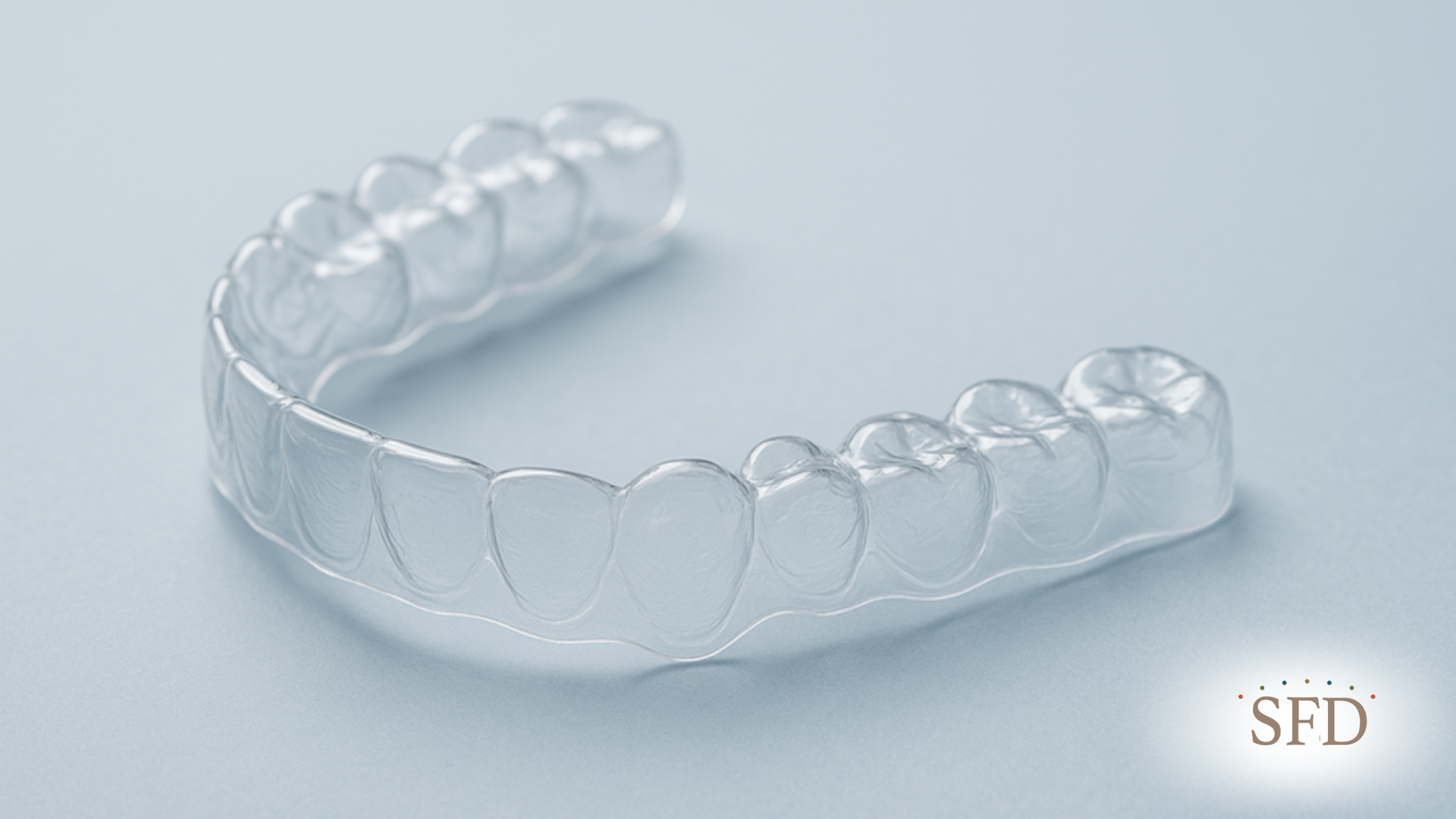 A clear mouth guard is sitting on a white surface.