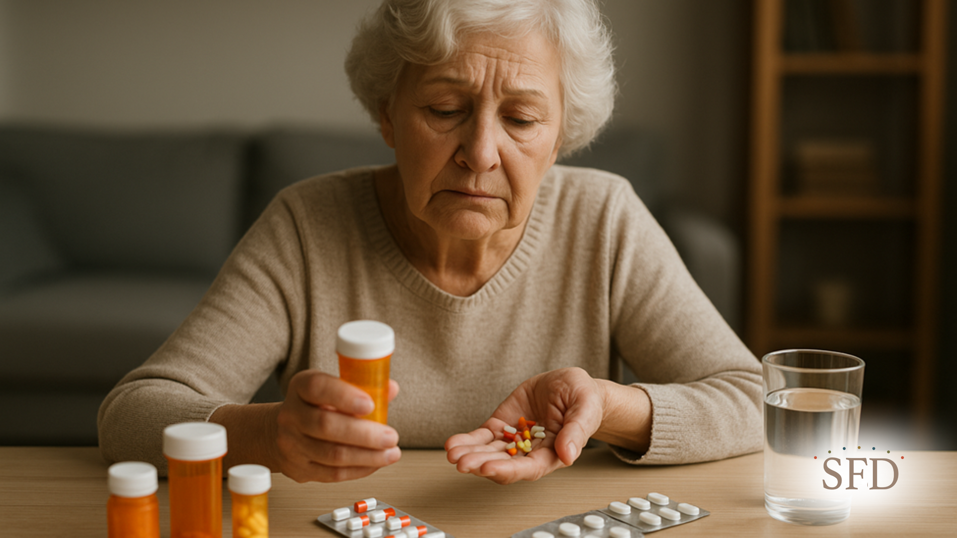 An elderly woman is sitting at a table taking pills.