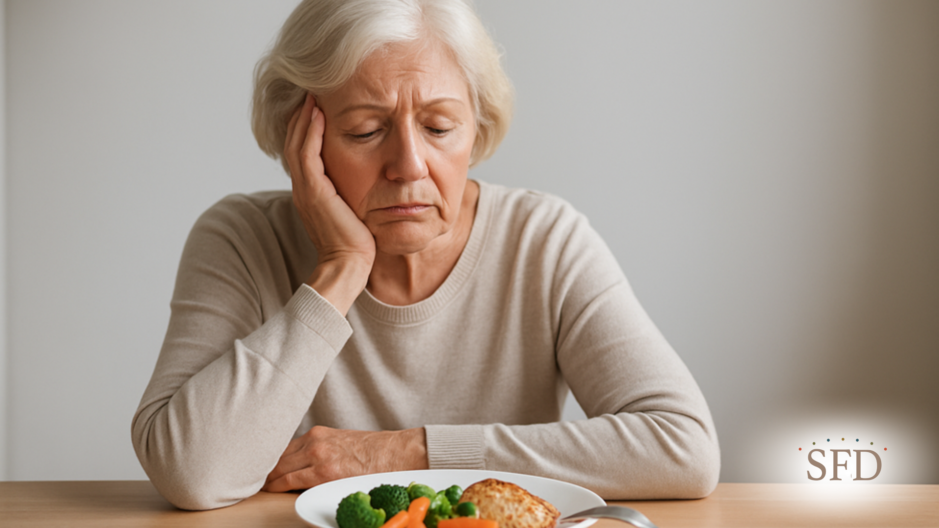 An elderly woman is sitting at a table looking at a plate of food.