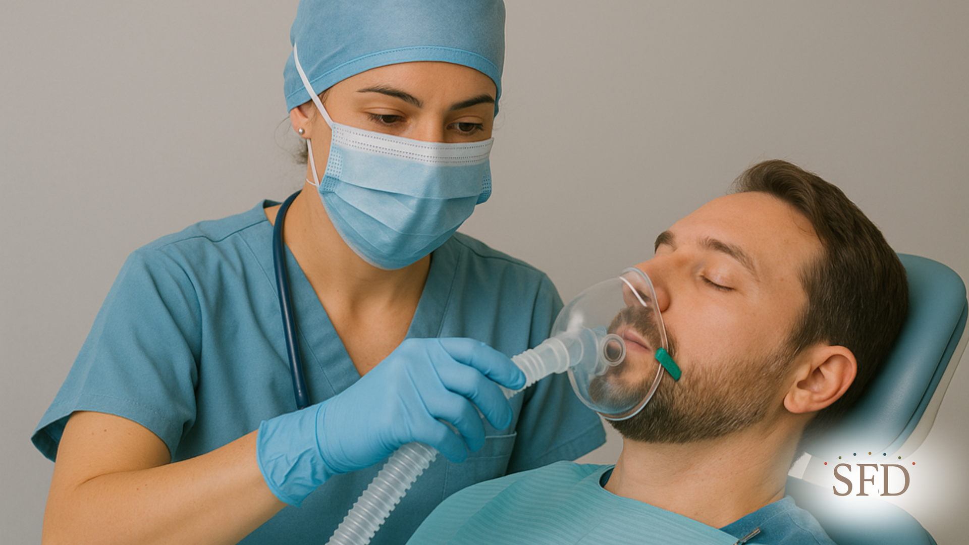 A dentist is putting an oxygen mask on a patient 's face.