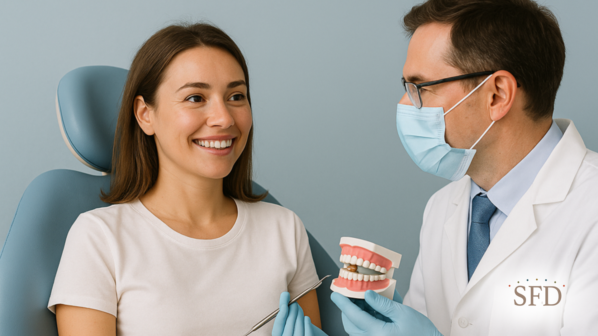 A dentist is showing a model of a woman 's teeth to her.