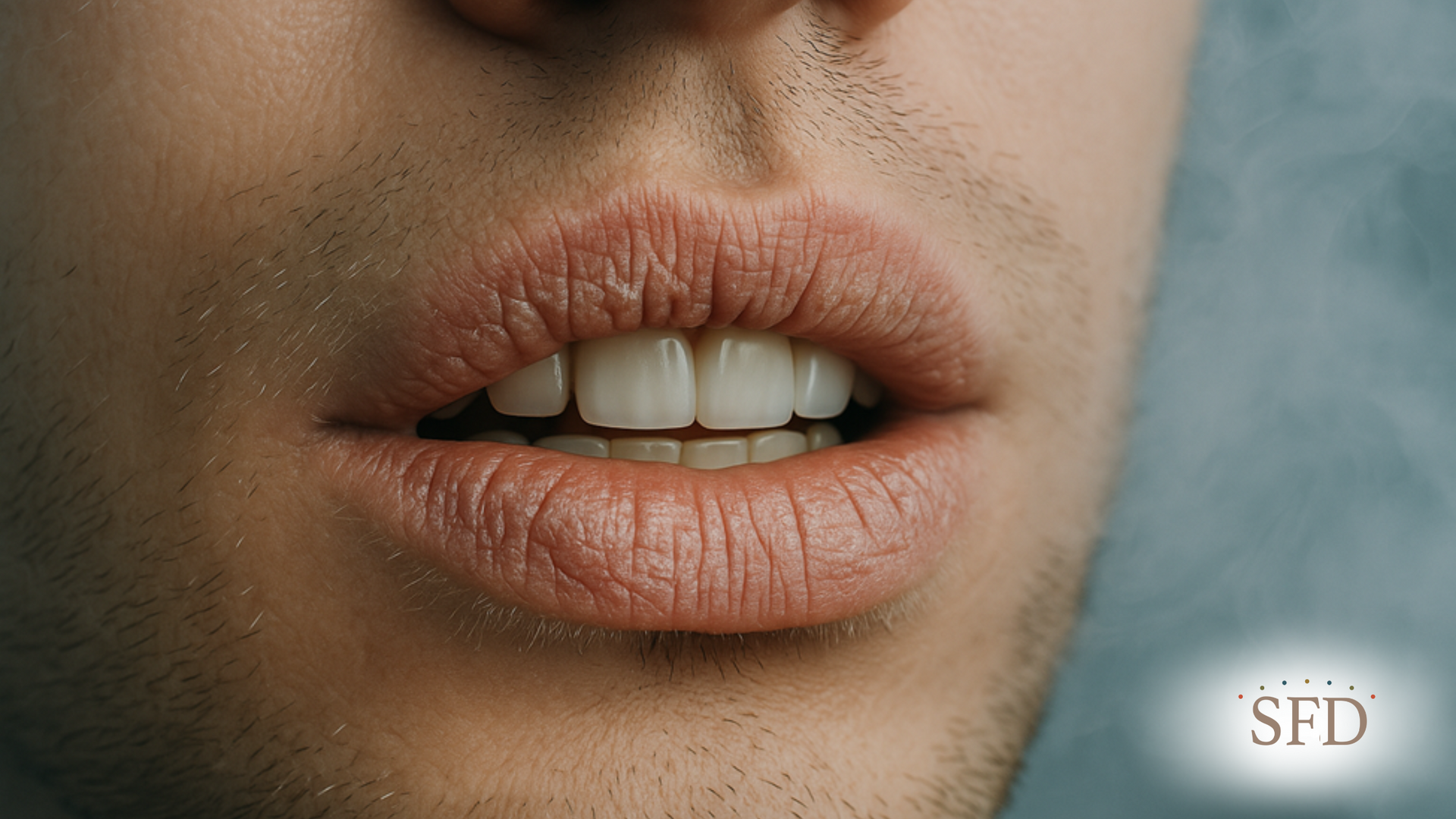 A close up of a man 's mouth with his teeth showing.