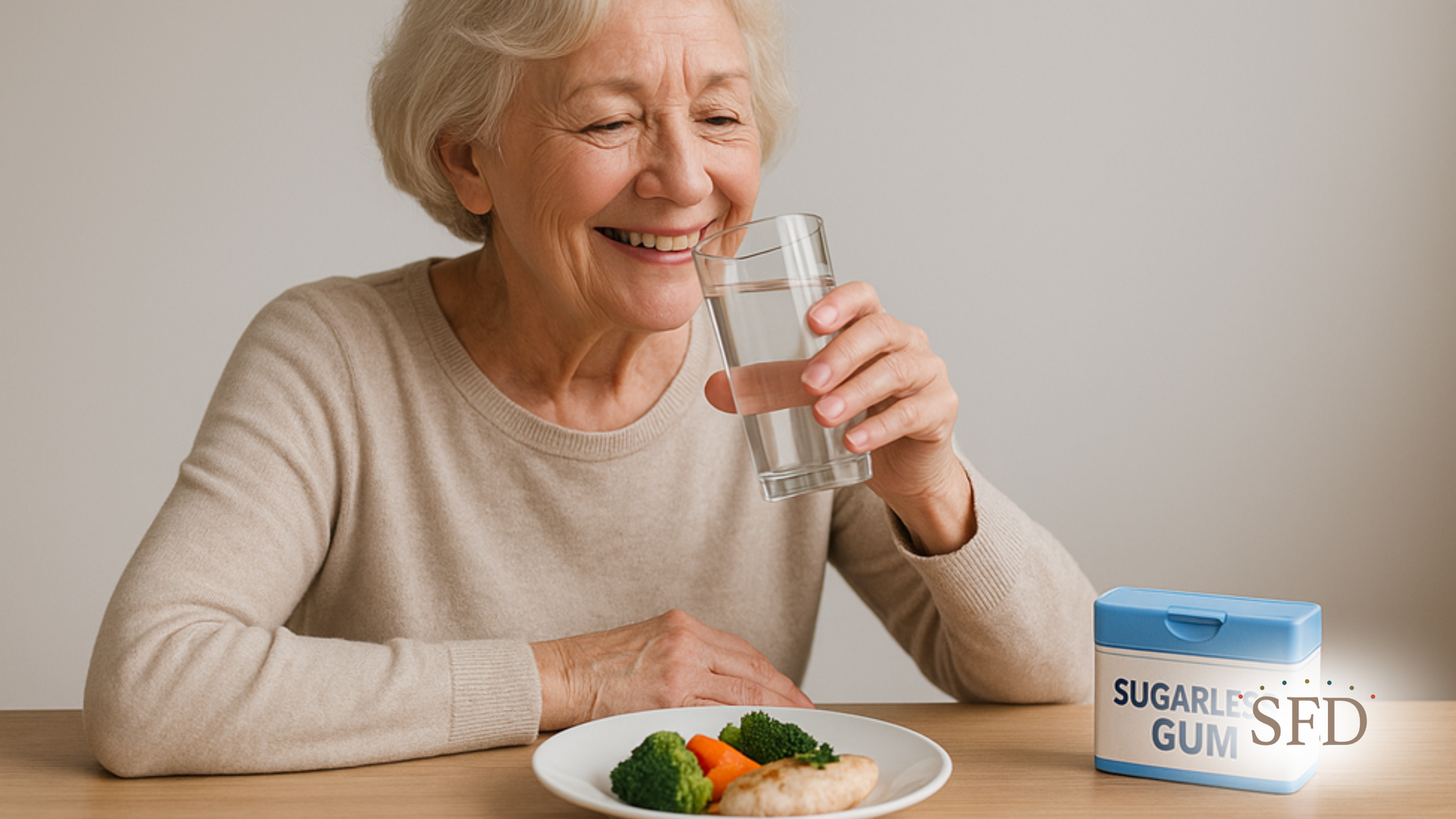 An elderly woman is drinking a glass of water while sitting at a table with a plate of food.