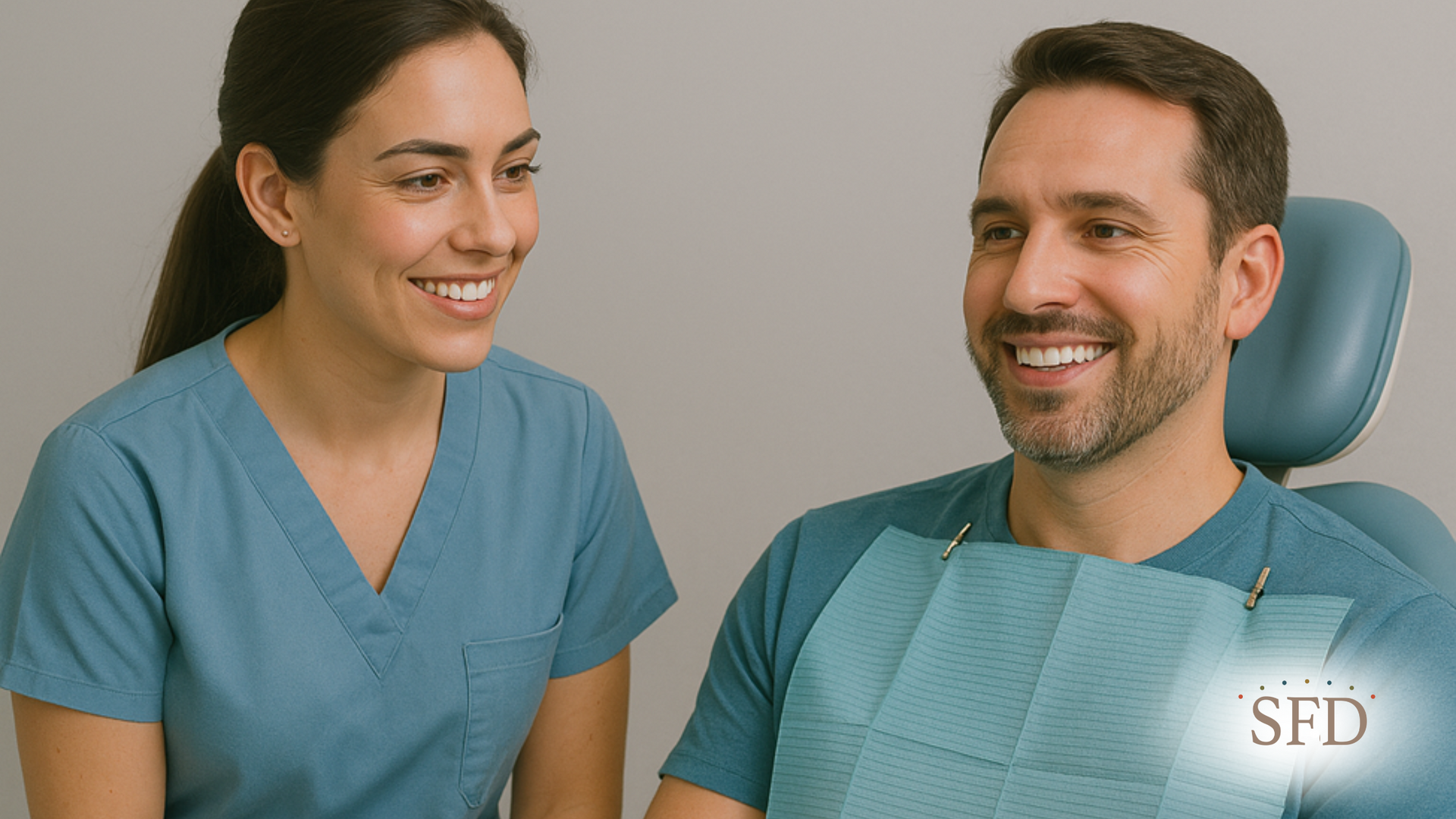 A woman is sitting next to a man in a dental chair.
