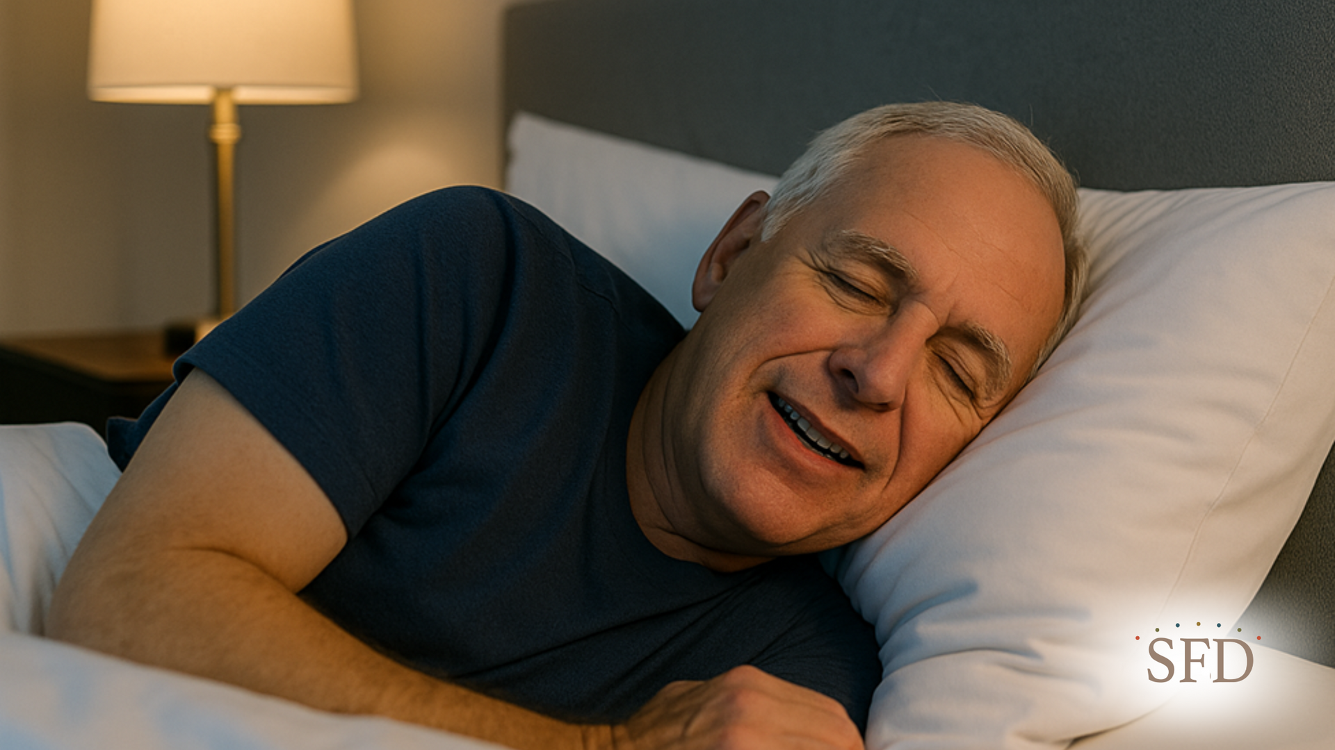 An older man is laying in bed with his eyes closed and smiling.