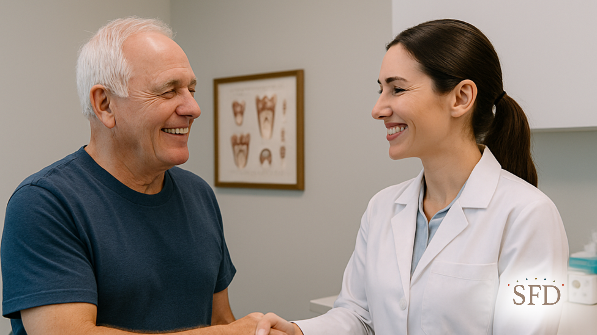 A female doctor is shaking hands with an older man.