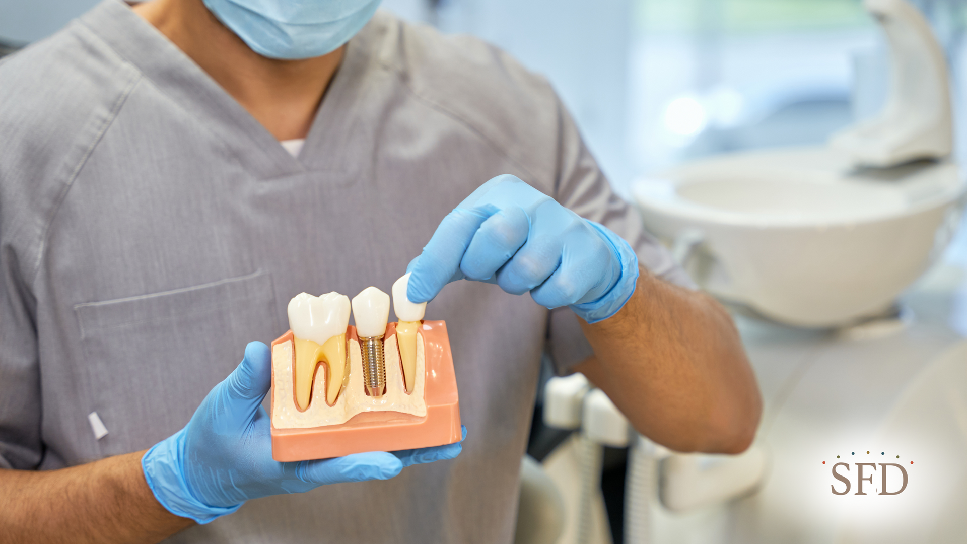A dentist is holding a model of teeth with dental implants.