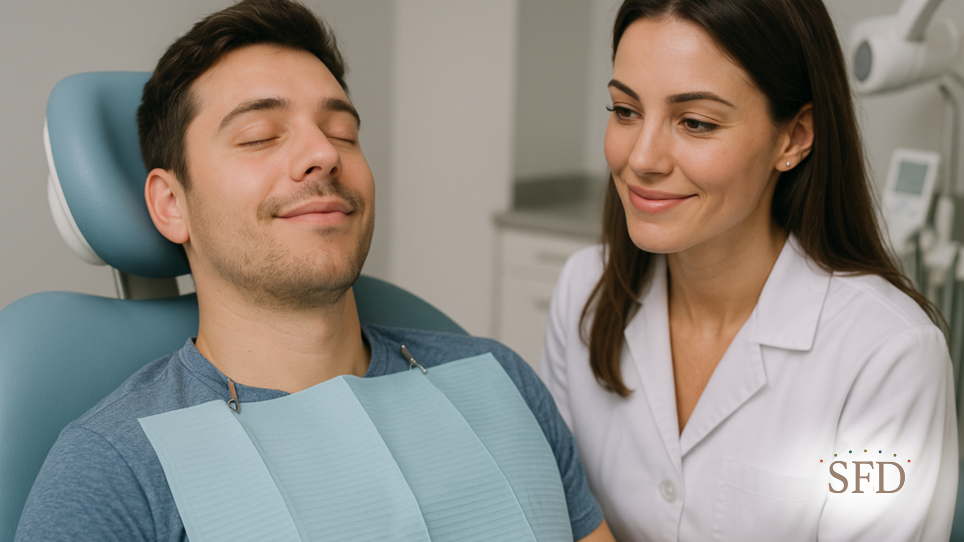 A man is sitting in a dental chair with his eyes closed and a dentist is smiling at him.
