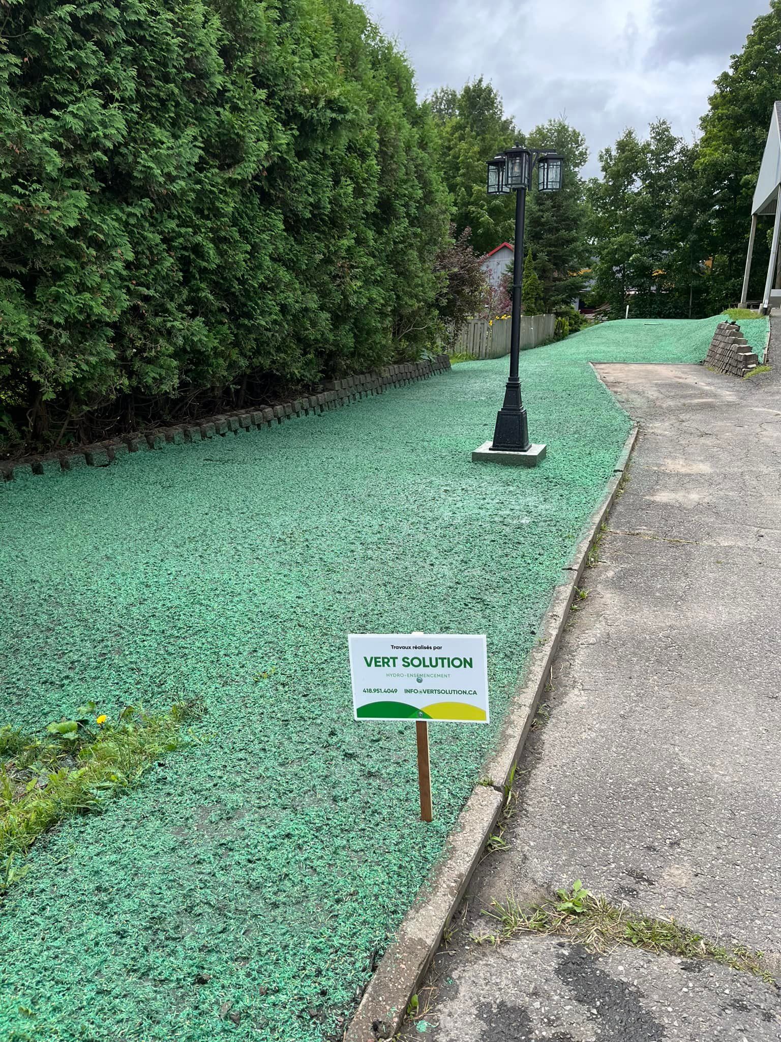 Un panneau est placé sur le bord d'une route à côté d'une zone herbeuse.