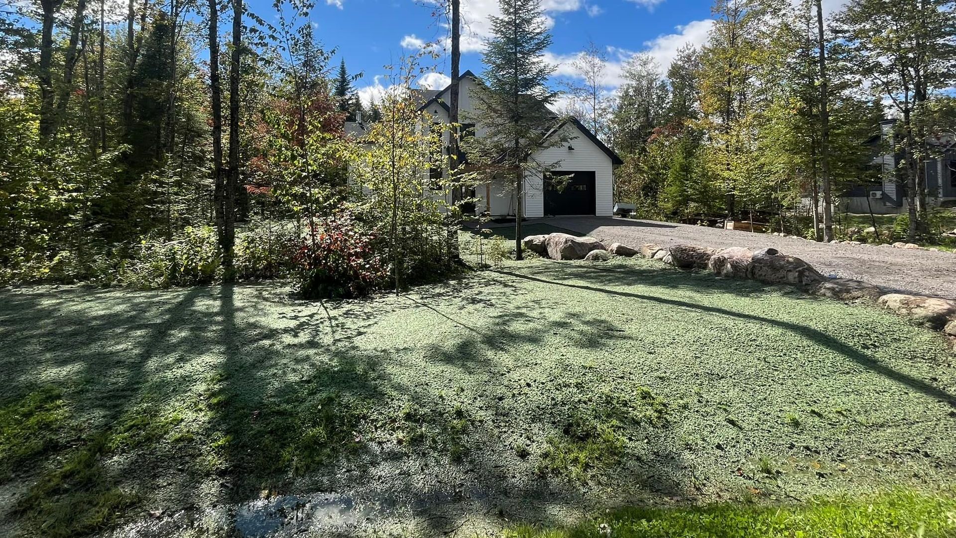 Une maison blanche avec un garage est entourée d'arbres et d'herbe.