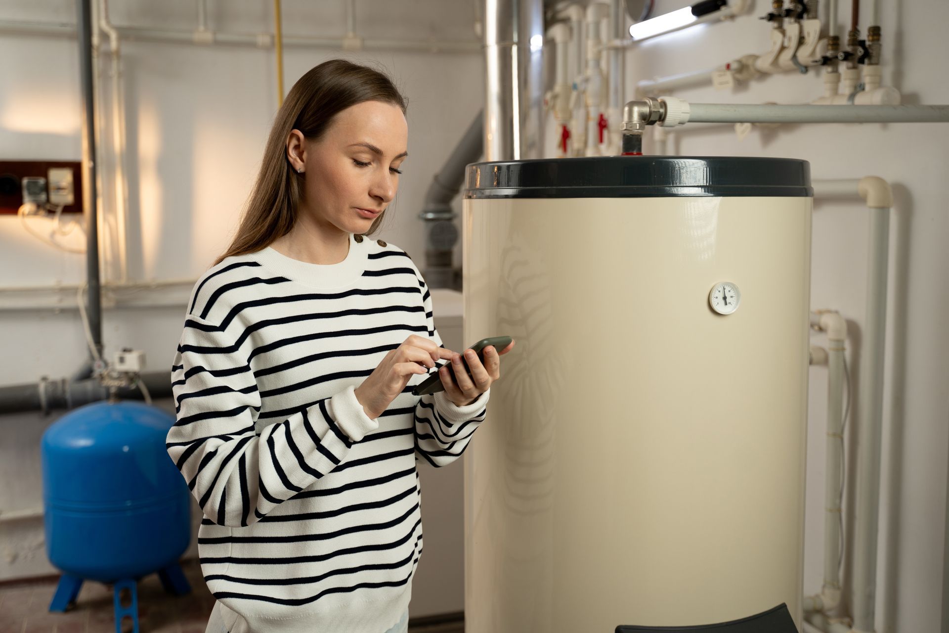 Woman in striped shirt looking at phone next to a water heater in a utility room.