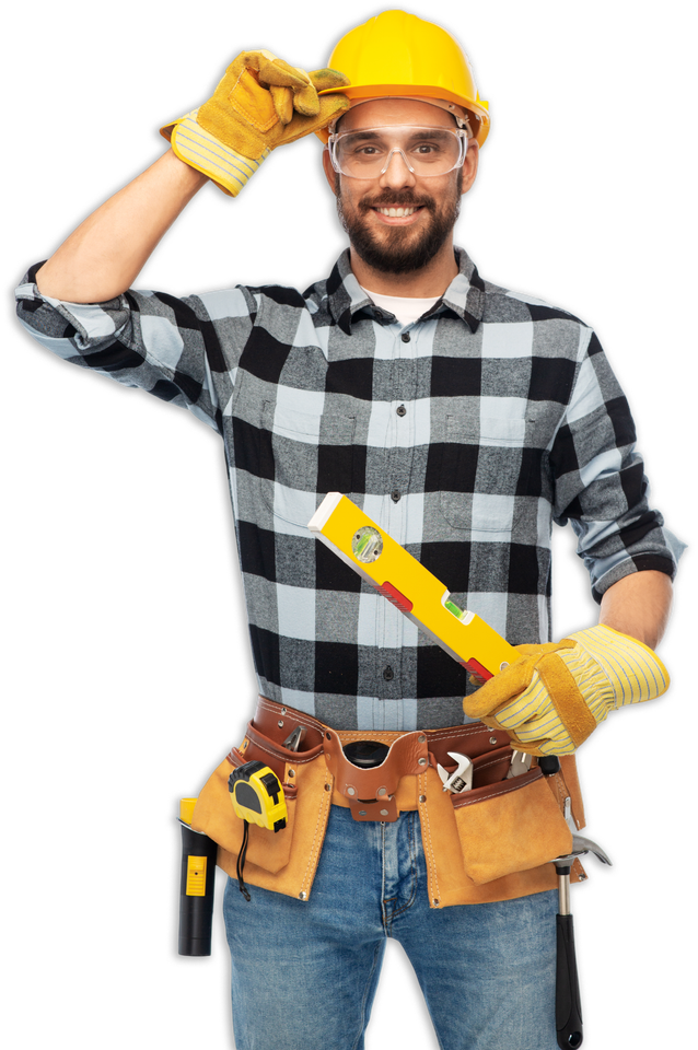 Construction worker holding a level, wearing a hard hat, safety glasses, gloves, and tool belt.