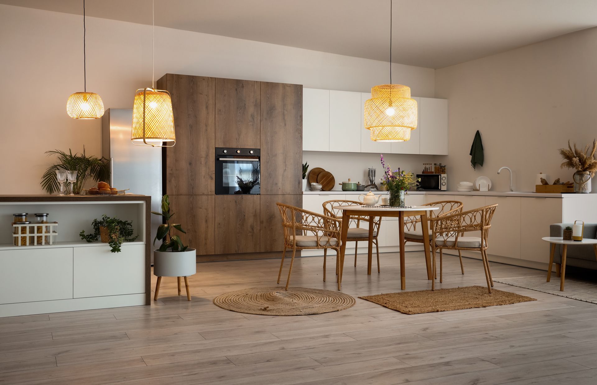 Cozy kitchen with wood cabinets, round dining table, woven pendant lights, and two jute rugs.