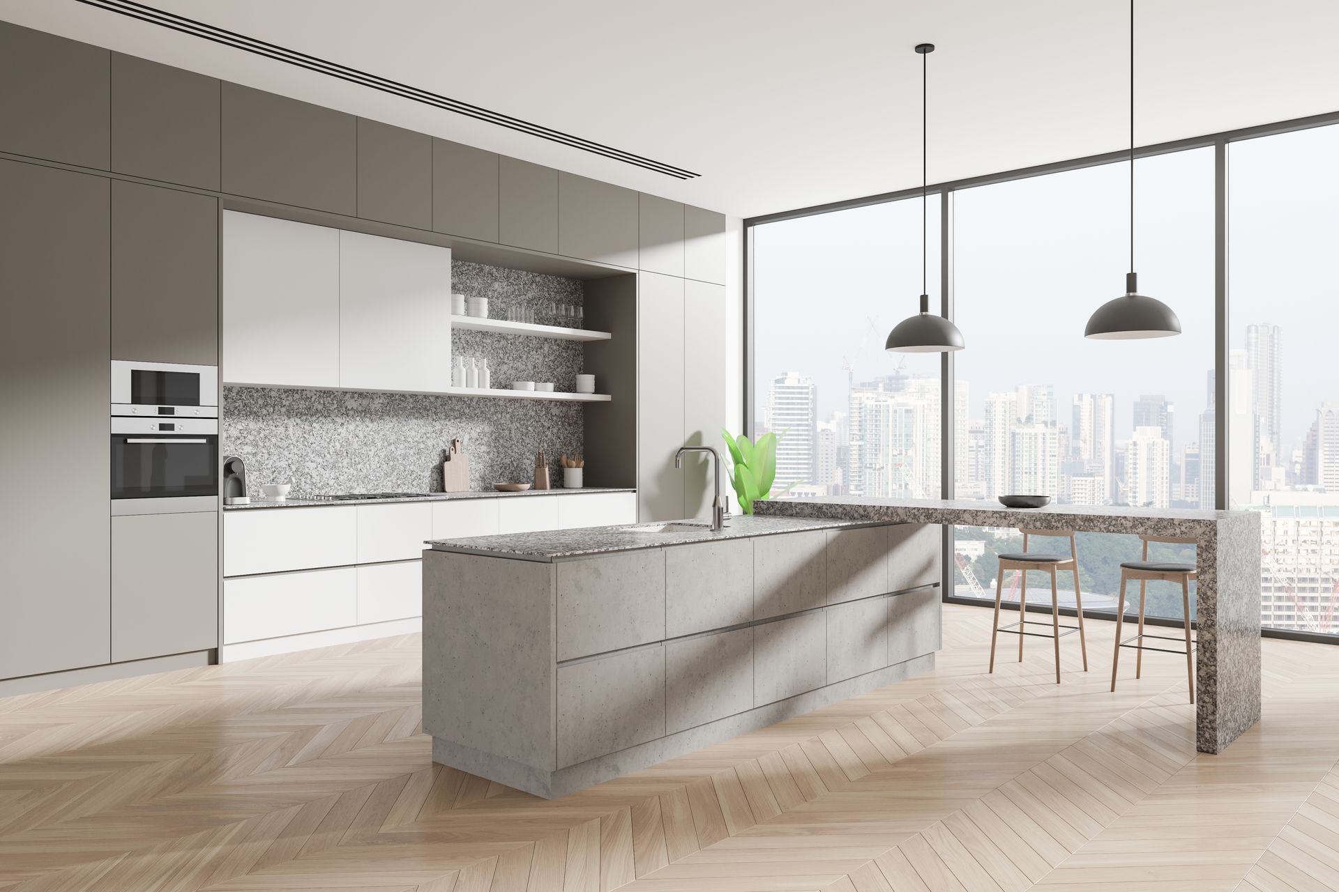 Modern kitchen with island, wooden floors, large windows with city view, white and gray cabinetry.