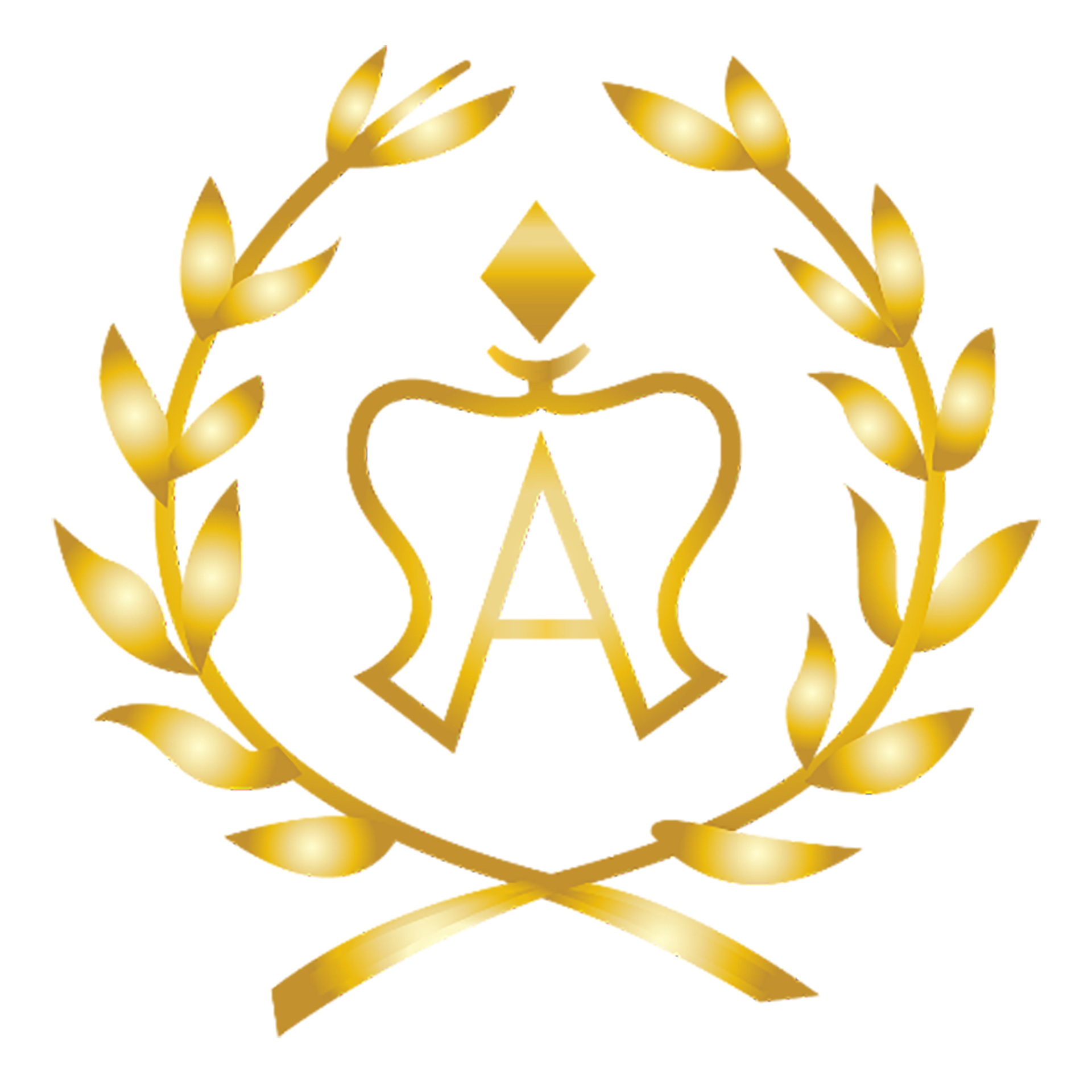 Gold emblem of a crown with the letter A inside a laurel wreath.