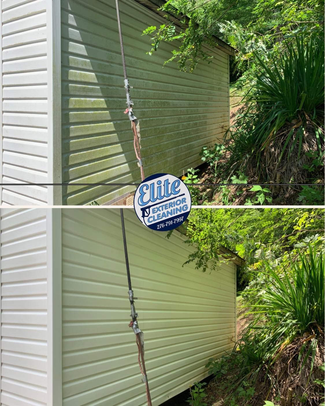 A before and after picture of a house siding being cleaned.