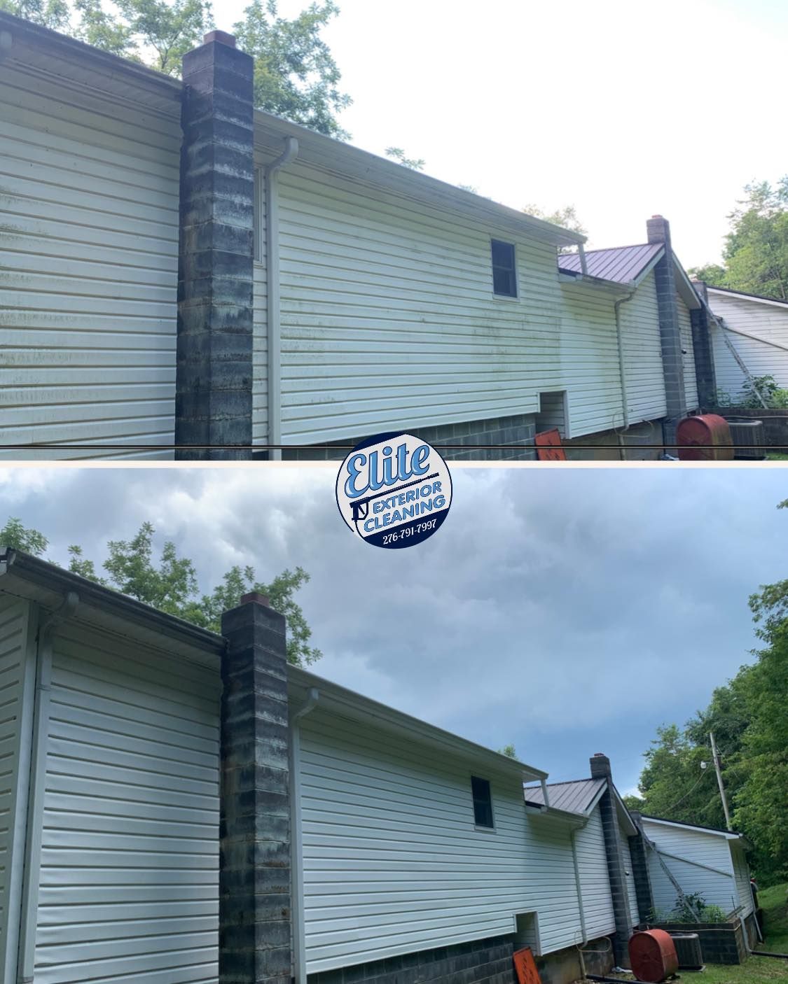 A before and after picture of a house with a chimney.