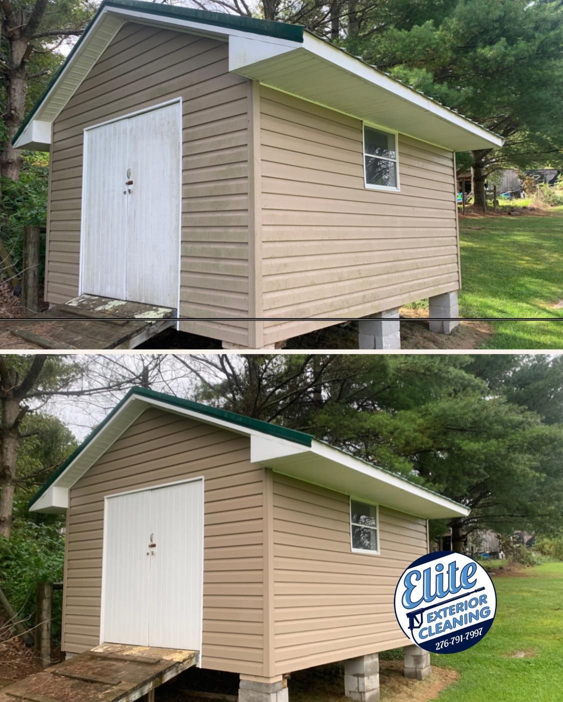A before and after picture of a shed being painted.