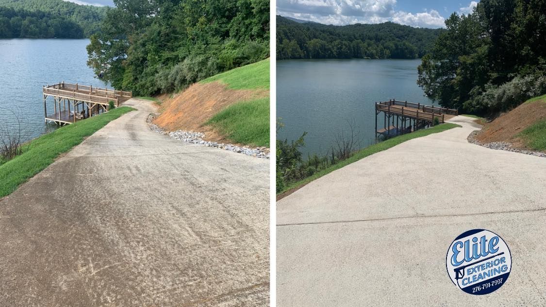 A before and after photo of a gravel road next to a lake.