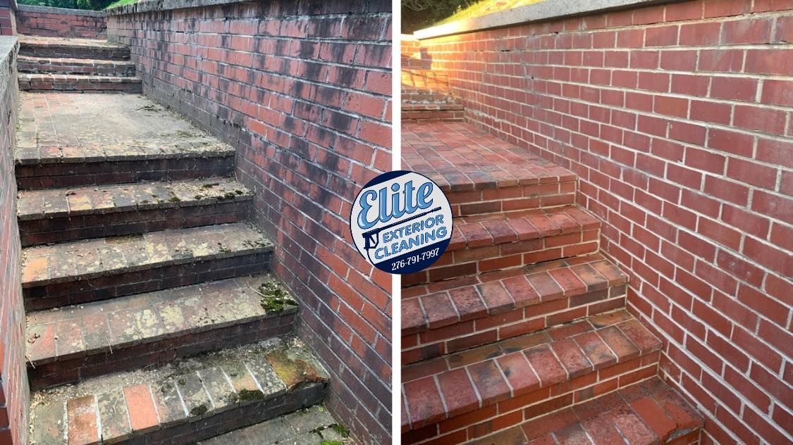 A before and after photo of a brick wall and stairs.