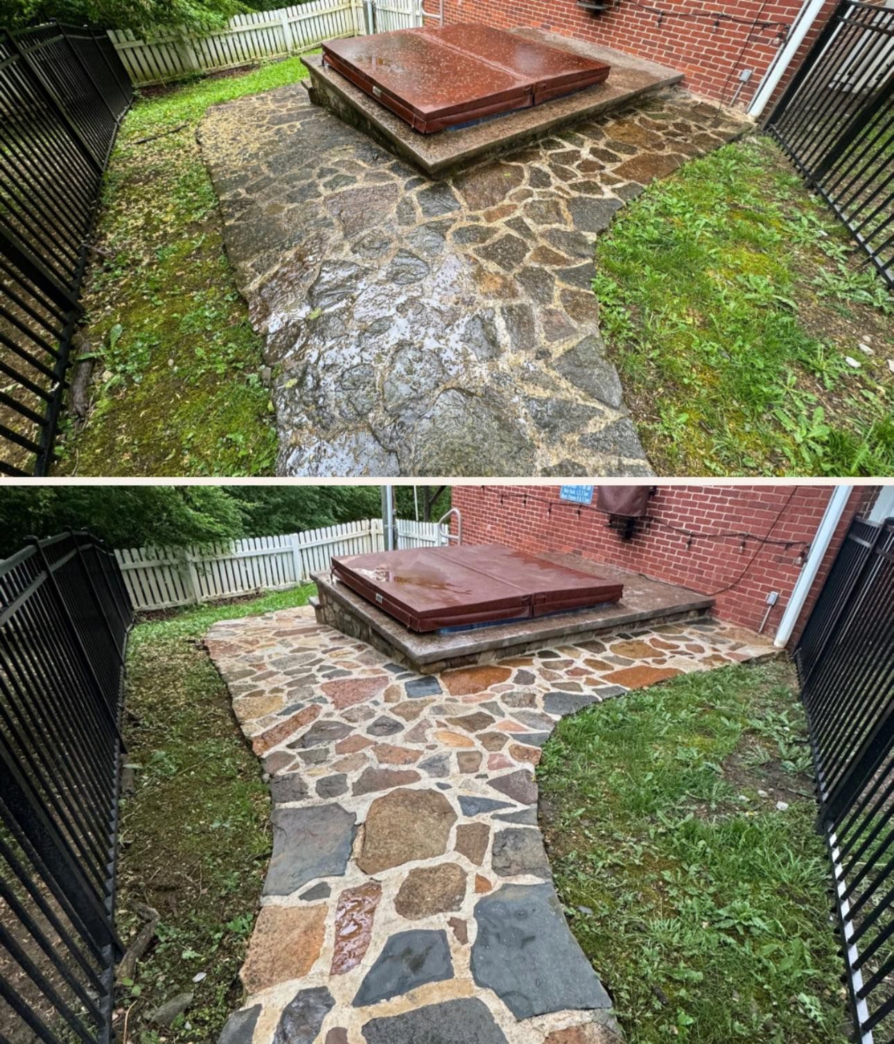A before and after photo of a stone walkway in a backyard.