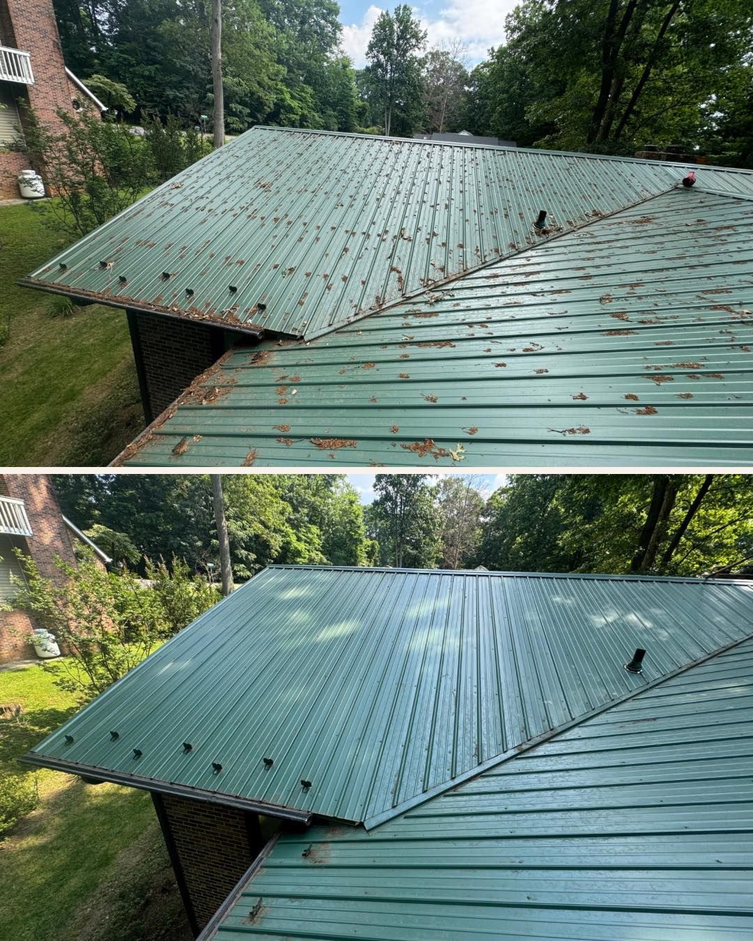 A before and after picture of a green metal roof.