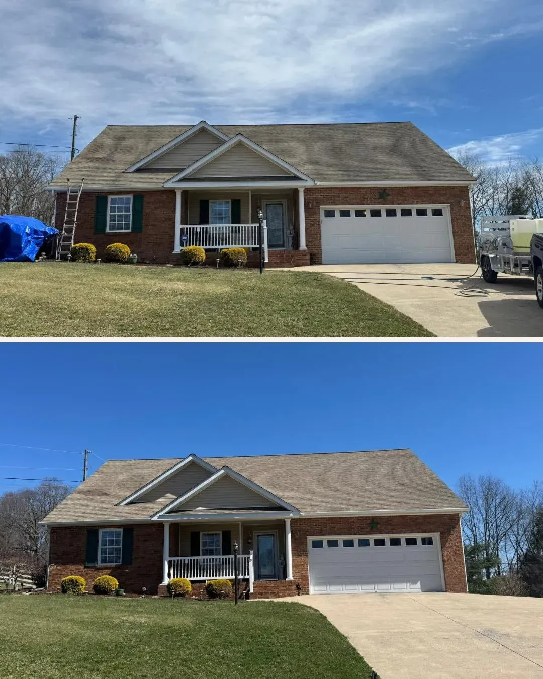 A before and after picture of a house with a new roof.
