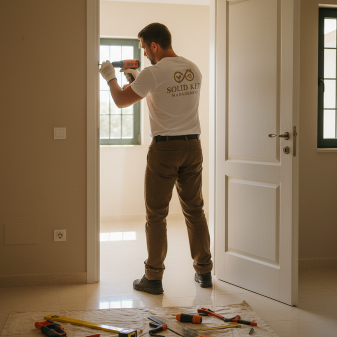 A person drilling into a wall in a room; tools on the floor.