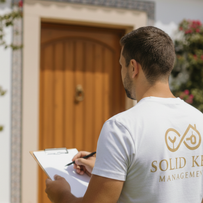 Man with clipboard in front of a wooden door; logo on shirt says 
