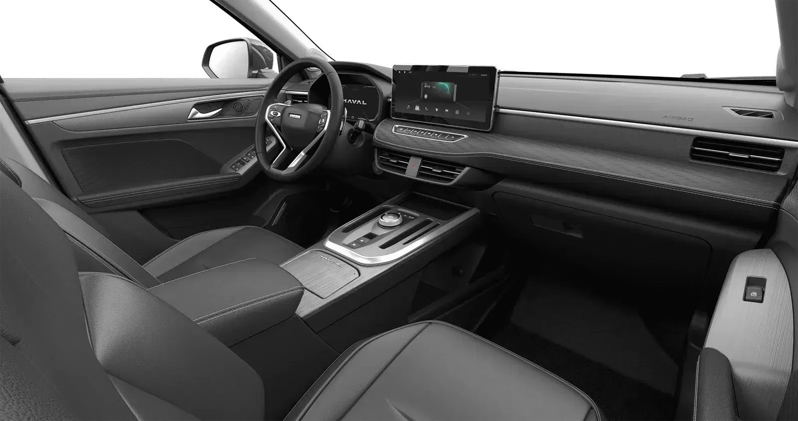 Interior de un automóvil; tablero, volante, asientos visibles en escala de grises.