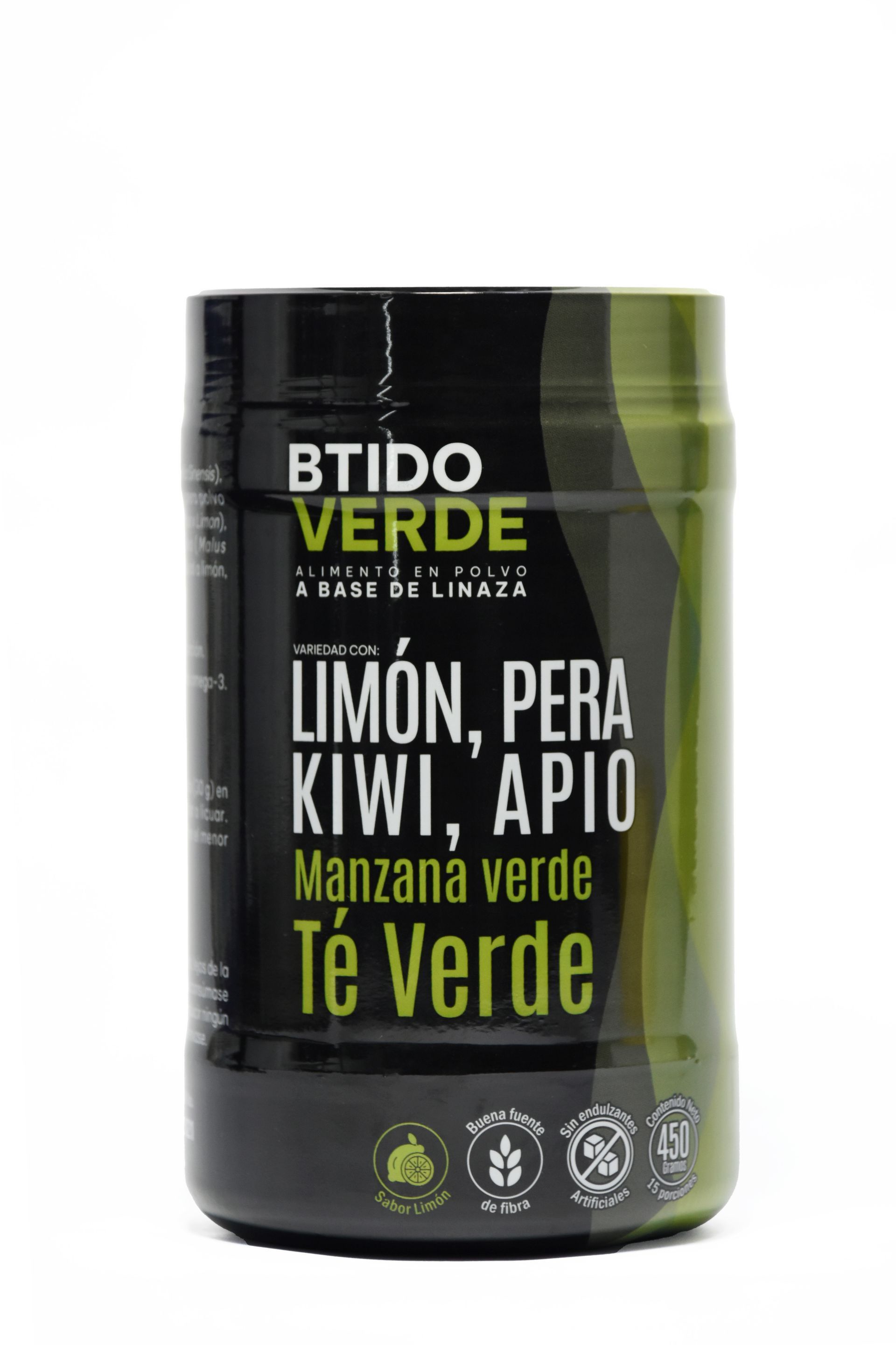 Un frasco cilíndrico de polvo de suplemento 