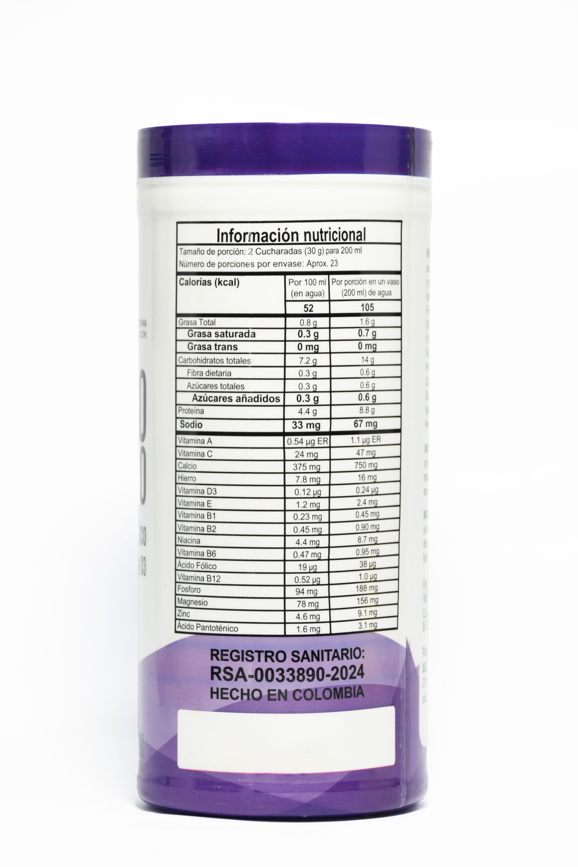 Un envase blanco y morado de calostro bovino en polvo Solpronat Calox con vitaminas y minerales indicados, sabor a vainilla.