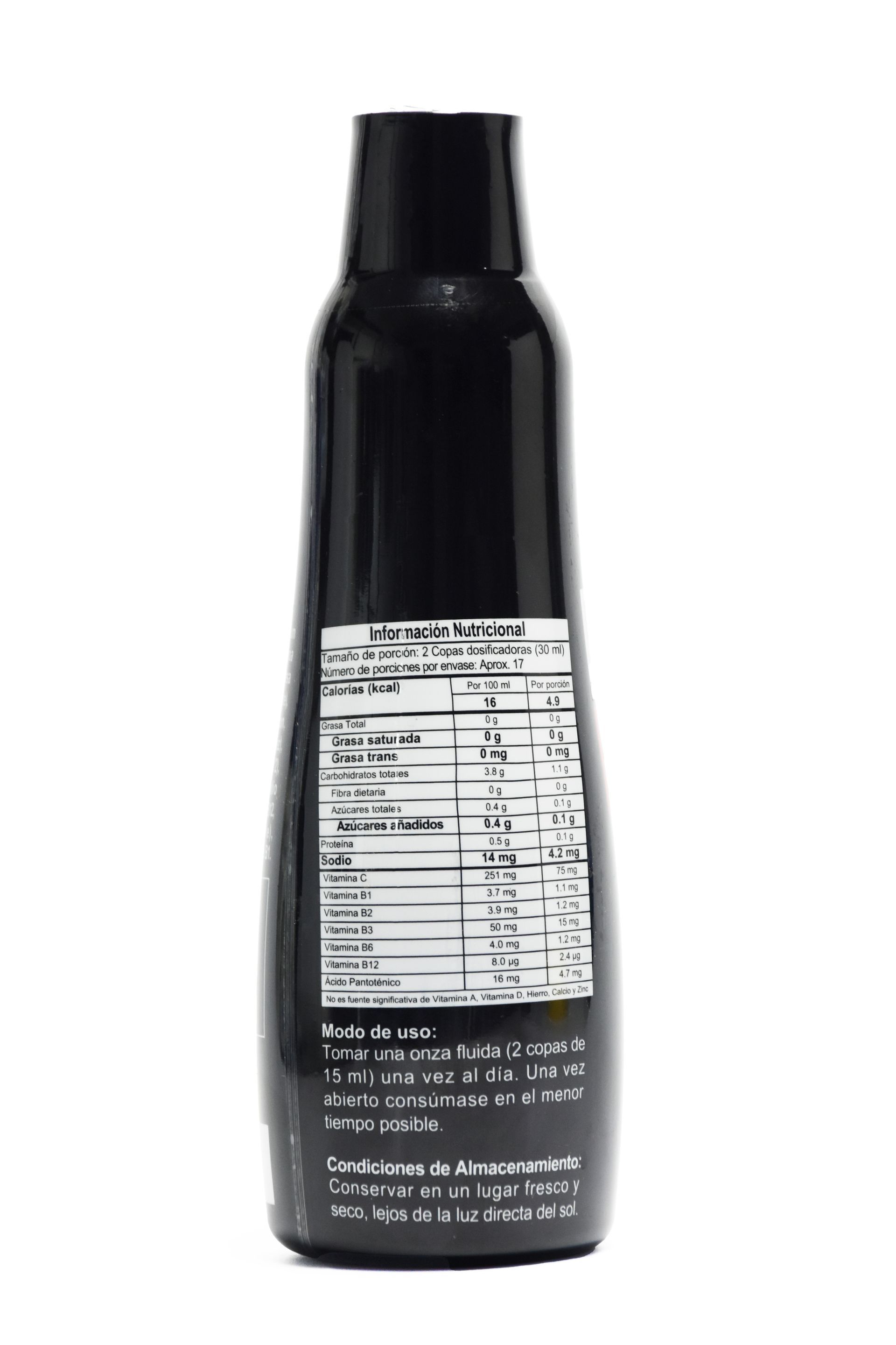 Una botella negra del suplemento Solfrontat Power Effects con un texto que enumera los ingredientes: boroji, maca y vitaminas, con gráficos de fuego.