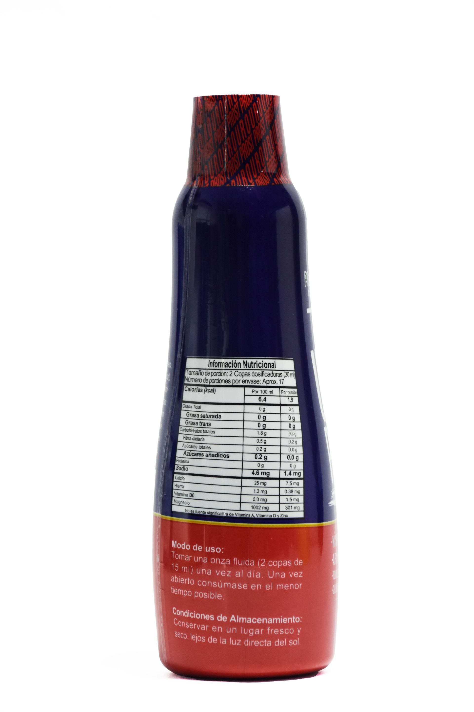 Un frasco del suplemento herbal Uro-Prost con la parte superior de color azul oscuro y la base roja, con imágenes de arándanos.