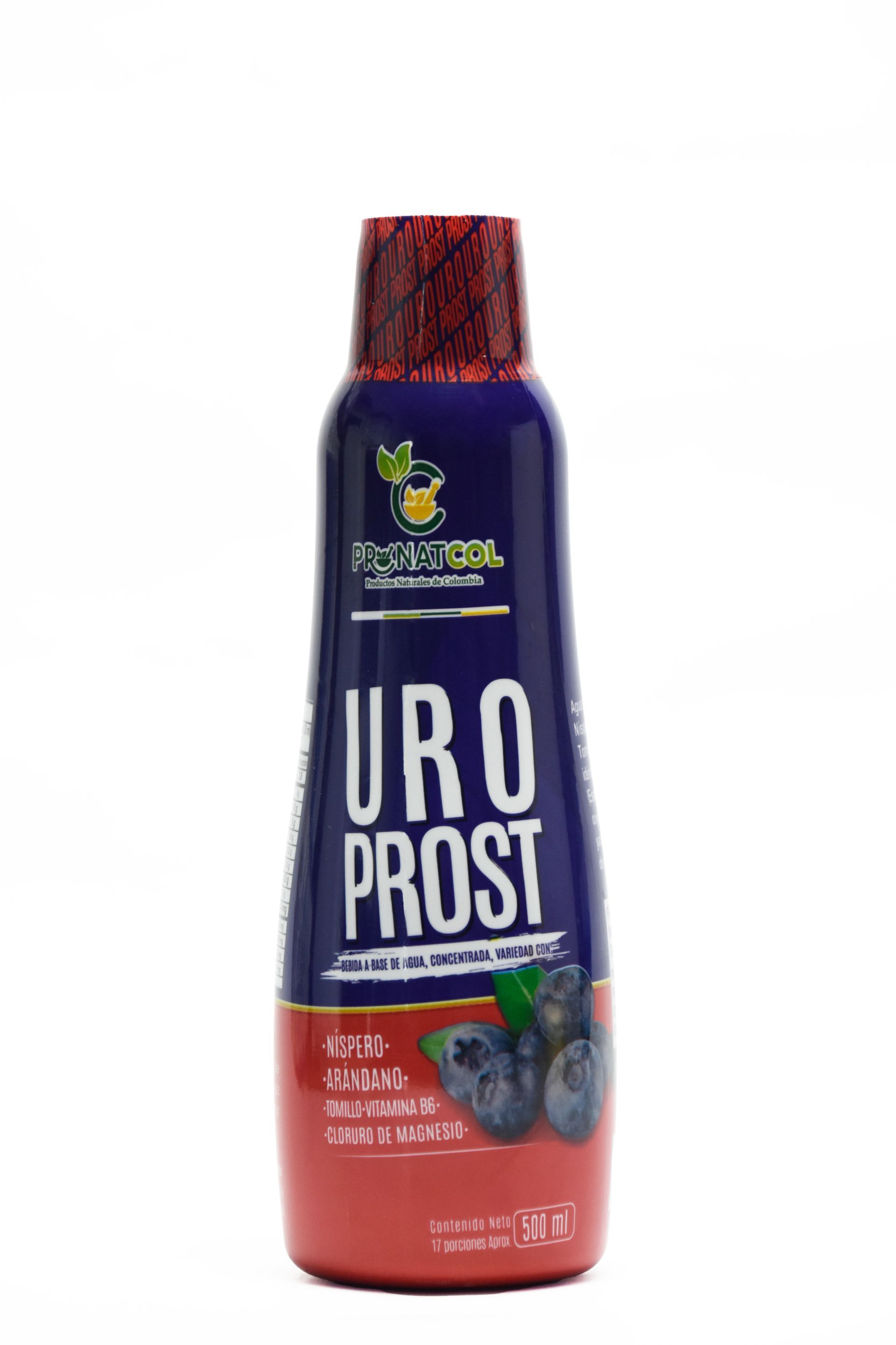 Un frasco del suplemento herbal Uro-Prost con la parte superior de color azul oscuro y la base roja, con imágenes de arándanos.