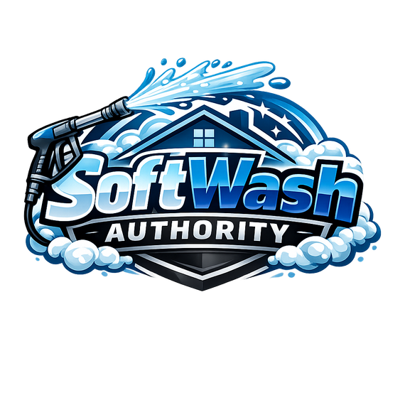 SoftWash Authority logo with blue water splash, pressure washer, and bold white text on dark badge