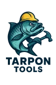 A tarpon fish wearing a hard hat, gripping a hammer, with text "Tarpon Tools" below.