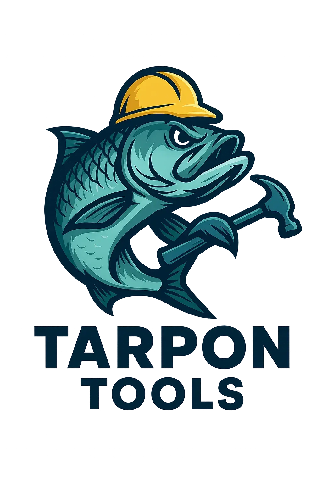 A tarpon fish wearing a hard hat, gripping a hammer, with text "Tarpon Tools" below.