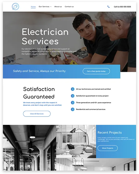 A screenshot of a website for electrician services.