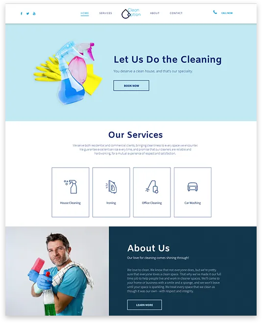 A cleaning company website with a man holding a spray bottle and a sponge.