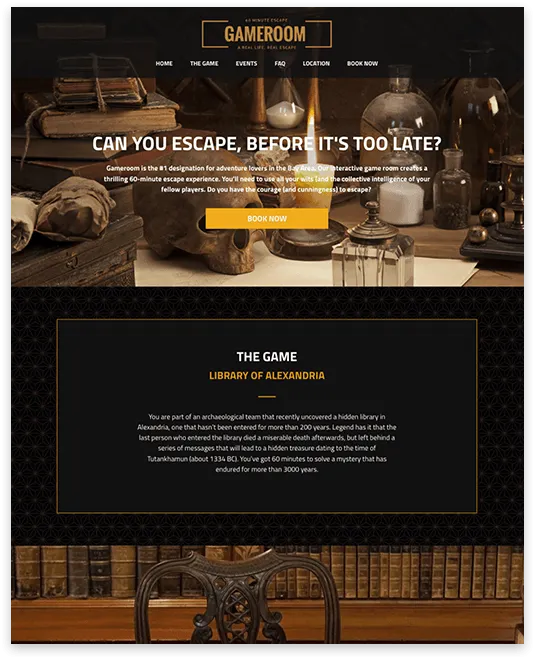 A screenshot of a website for a game room.