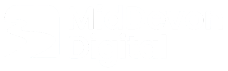 A logo for middevon digital with a river in the middle.