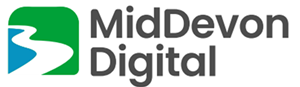 A logo for middevon digital with a river in the middle.