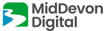 A logo for middevon digital with a river in the middle.