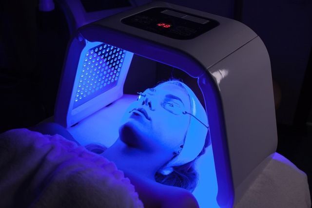 Woman is Getting a Blue Light Treatment on Her Face — Advanced Cosmetic & Beauty Clinic in Bundaberg South, QLD